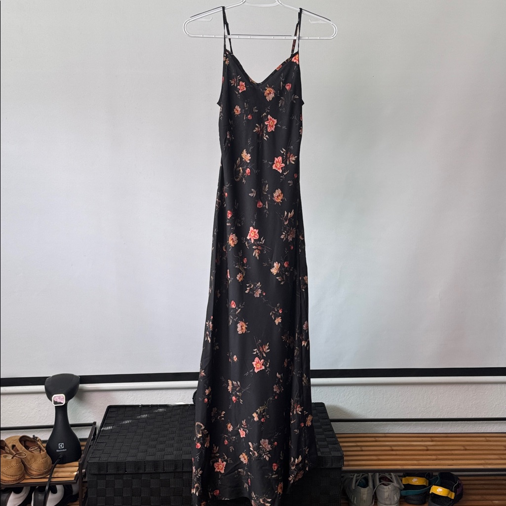 Allsaints Black Slip Midi Dress With Pink/Peach Floral Print